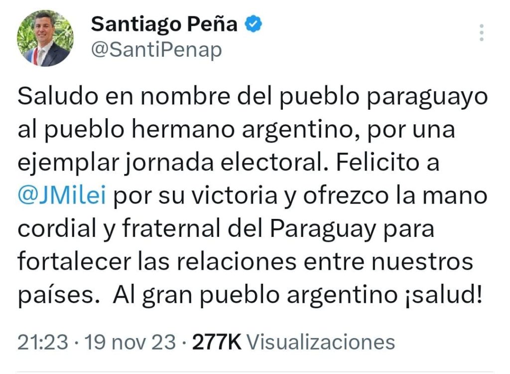 Santiago Peña felicita a Javier Milei y ofrece «la mano cordial y fraternal del Paraguay»